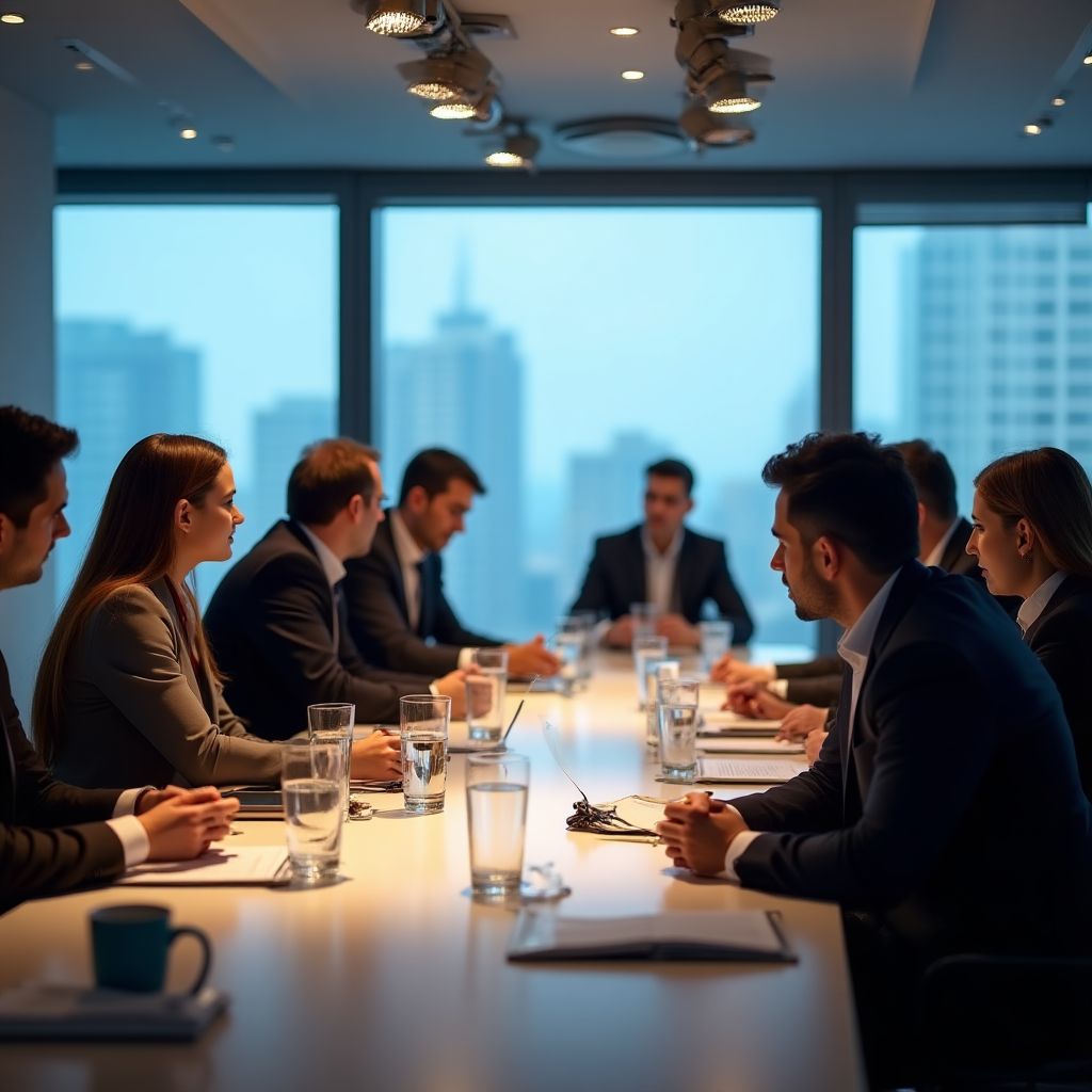 Equipo de consultores financieros en reunión estratégica